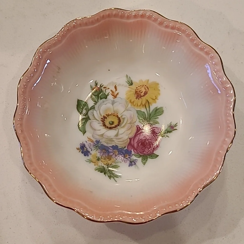 Vintage porcelain pink floral trinket dish